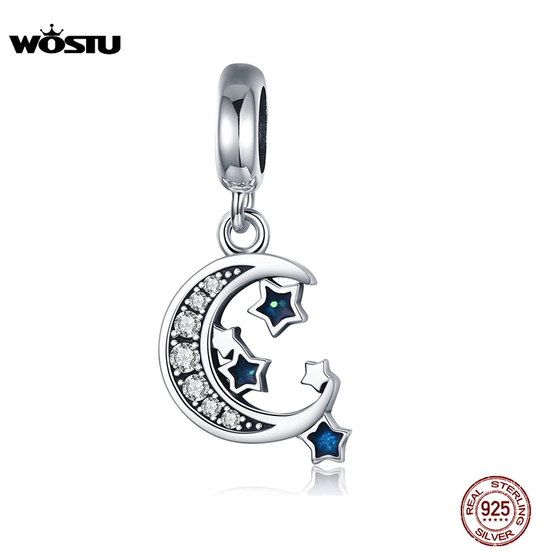 WOSTU 100% 925 Sterling Silver Starry Sky Moon & Stars Dangles Charm fit Bead Bracelet Pendant Necklace DIY Jewelry Gift CQC639