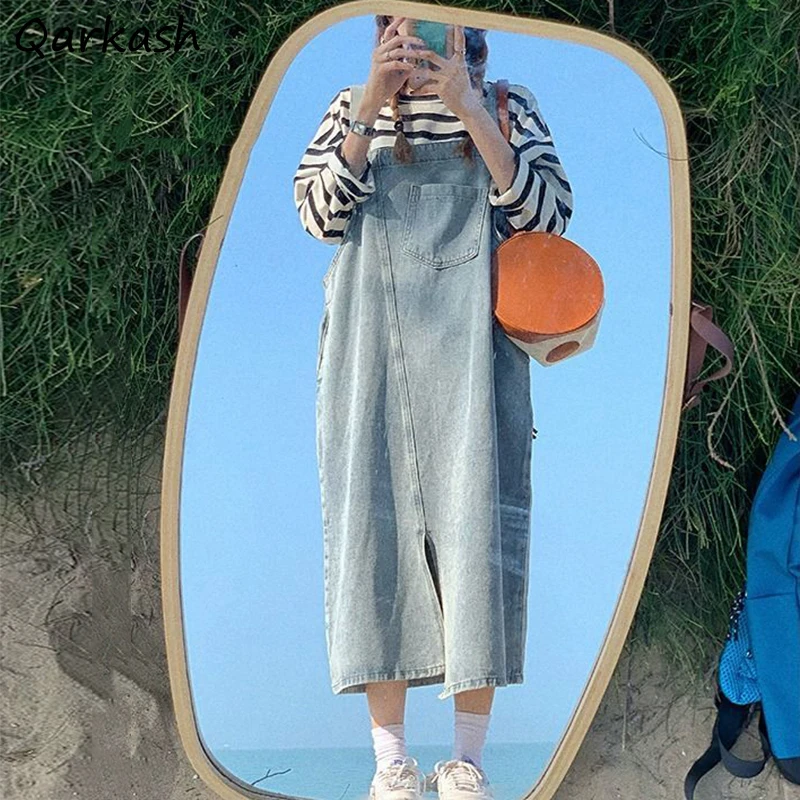 Split prosta sukienka bez rękawów kobiety główna ulica kieszenie połowy łydki luźna prosta Denim Sundress nastolatki podróż Harajuku wypoczynek