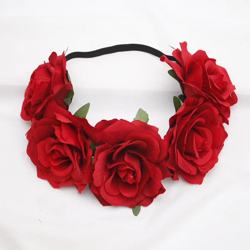 Lystrfac New Autumn Red Rose Flower Crown Headband for Women Girls Fashion Wreath Ladies Garland Hair Jewelry Accessories