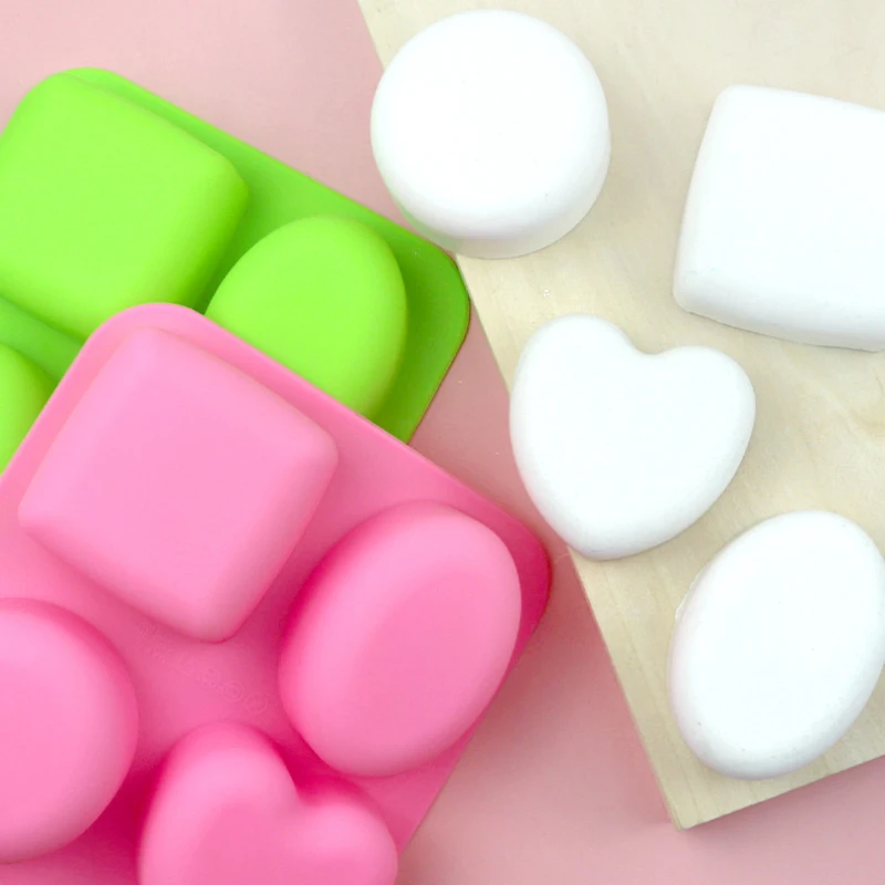 4-Cavity Silicone Soap Molds Forms Round Oval Heart Square Shape Handmade Soap DIY Mold Soap Making Tools Cake Mousse Baking Pan