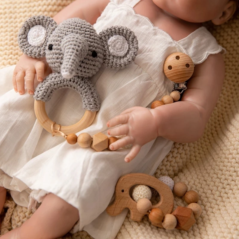 1Set Bayi Mainan Kayu Crochet Gajah Lonceng Musik Tumbuh Gigi Gelang Dot Dummy Klip Gym Memainkan Rodent Produk Mainan