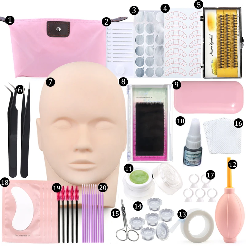 False Eyelash Extension Training Kit Practice Model Head Eye Pads Tweezers Glue Ring Brush Grafting Eyelash Tools Kit