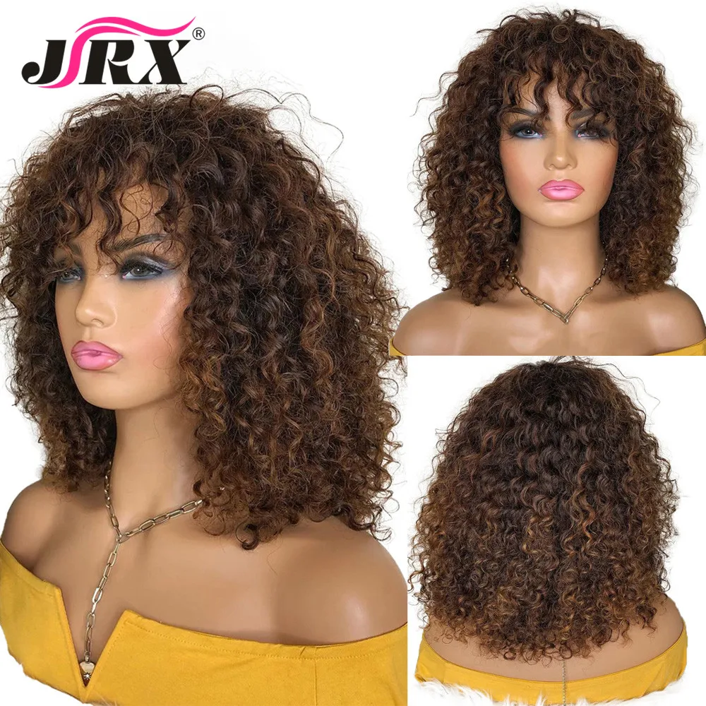 Highlight Brown Color Brazilian Curly Human Hair Wigs with Bangs 180% Density Deep Wave Machine Made Wigs for Women