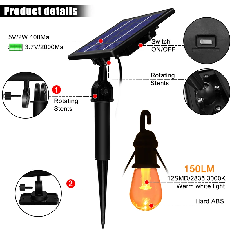 Edison Solar Power 12 Lamp Snaar Licht Warm Wit 48FT Opknoping Zonne-verlichting Lamp Voor Yard Cafe Chritmas Boom Outdoor decor