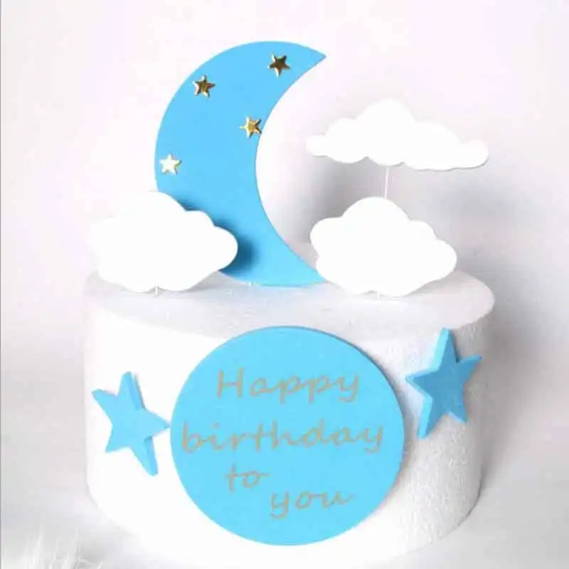 1set Pink Moon Cloud DIY Cake Topper Happy Birthday Cake Topper  Birthday Party Baby Shower Cake Top Flag Decoration Supplies