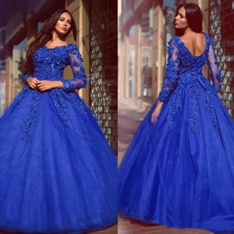 Azul royal renda quinceanera vestidos de baile manga longa tule baile debutante dezesseis 15 doce 16 vestido