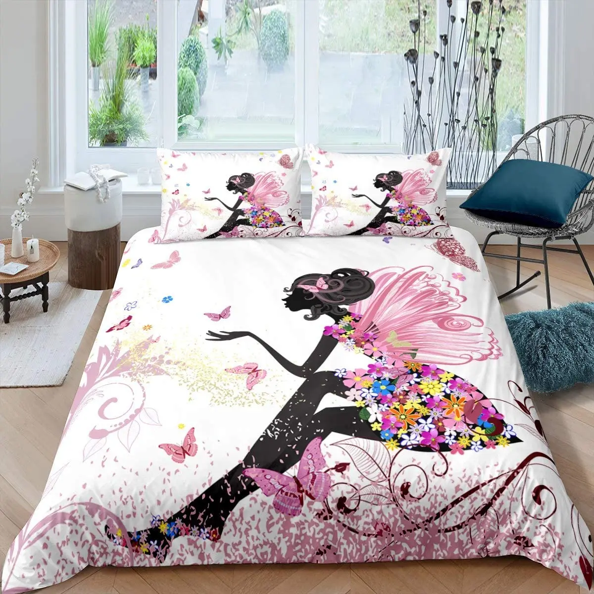 Butterfly Bedding Set Comforter Cover for Girls Flower Fairy Duvet Cover Floral Branches Bed Cover Luxury Room Decor Quilt Cover