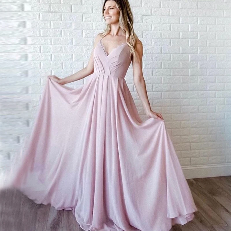 

Blush Pink Long Evening Dress V-neck Spaghetti Straps A-line Robe De Soiree Pleats Chiffon Prom Party Dresses Evening Gowns