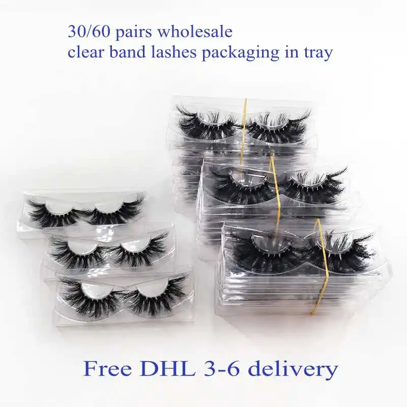 Wholesale 30/60 Pairs 3D Mink Lashes Full Strip Lashes Packaging In Tray Clear Band Mink Eyelashes