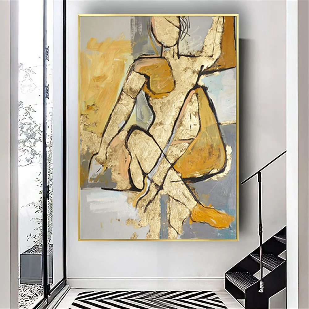 

Canvas Painting Palette Knife Gold Texture Caudros Decor Acrylic Figure Oil Painting For Living Room Home Decor Wall Art Picasso