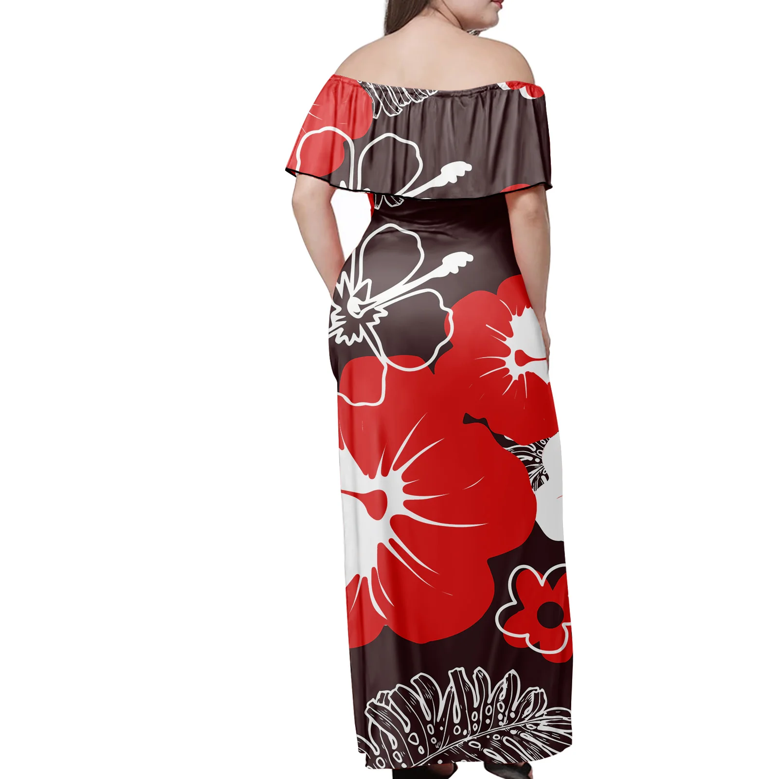 Samoa Polinesia Tribal Floral grande rojo flor impresión en hibisco de manga corta de talla grande vestido de las mujeres fuera del hombro vestidos