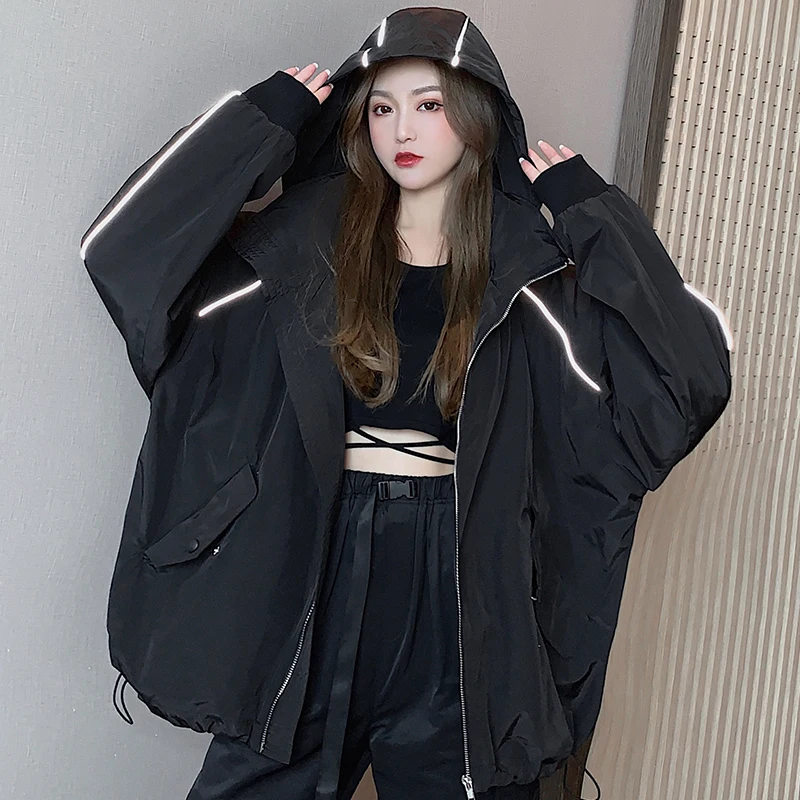 Reflective Hooded Jackets Female Spring Autumn Coats Women Clothing 2022 New Loose BF Windbreaker Jacket Baseball Uniform D793