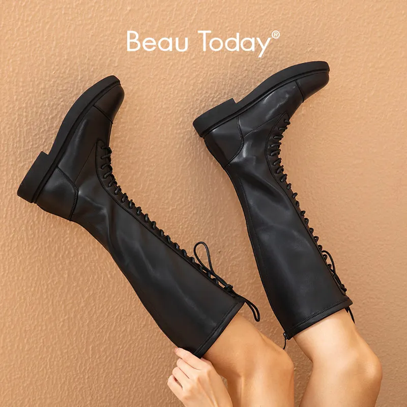 

BeauToday Long Boots Women PU Leather Round Toe Back Zipper Lace Up Decor Knee High Female Flat Shoes Handmade 01571