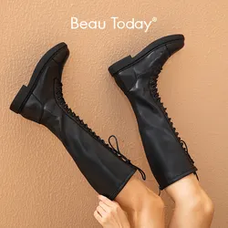 BeauToday długie buty kobiety PU skóra okrągły nosek powrót Zipper Lace Up Decor kolana wysokie kobiece płaskie Handmade 01571