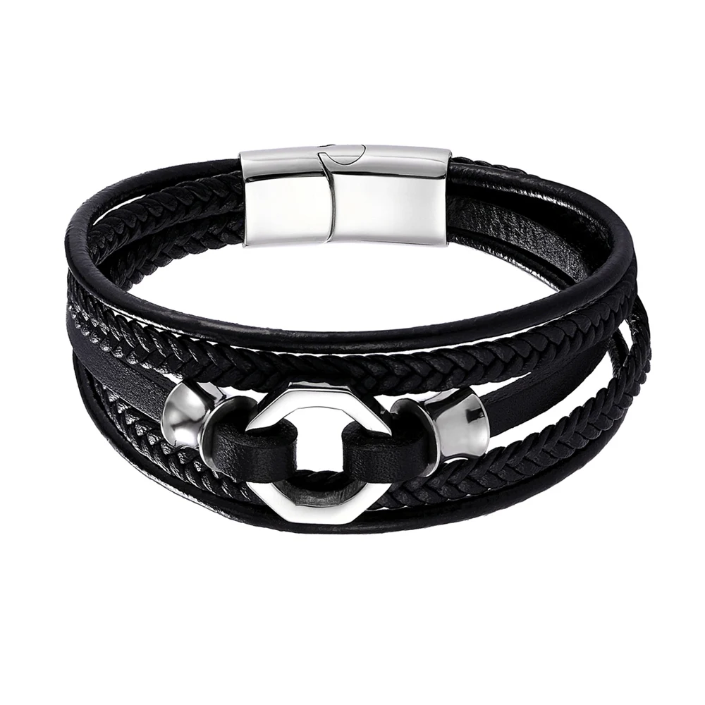 New Multi-layer Style Hand-woven Accessories Combination Stainless Steel Bracelets Men Leather Bracelet Gold Steel Color Jewelry