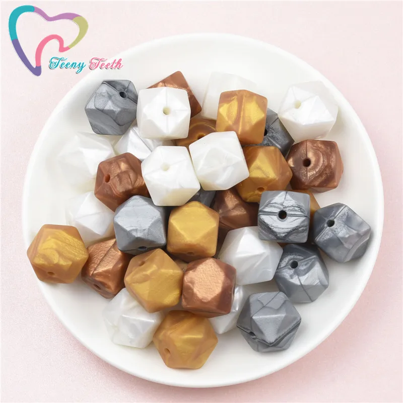 Teeny Teeth 50 PCS 14-17 MM 4 Color Mix Metallic Gold Silver Copper White Geometric/Hexagon Silicone DIY Teething Necklace Beads