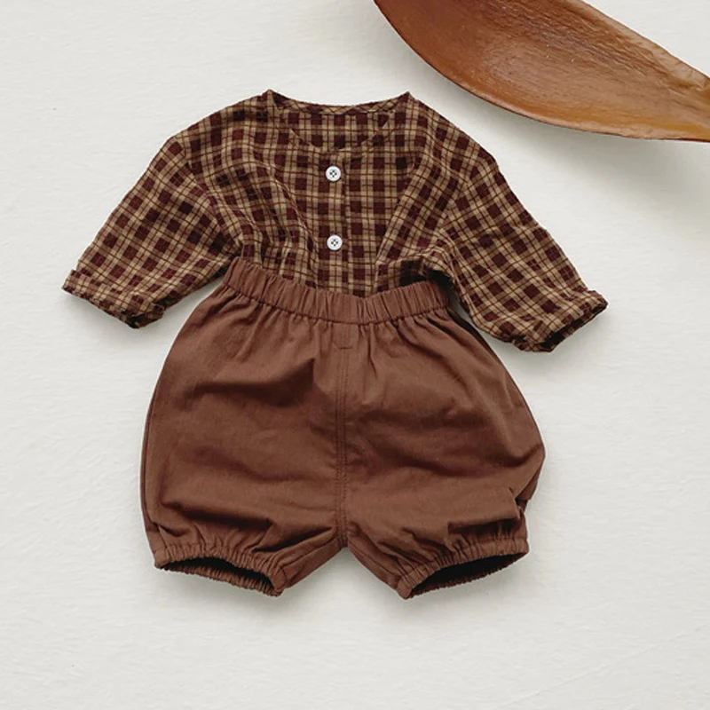 MILANCEL Baby Set Plaid Shirts And Solid Shorts 2 Pcs Suit Infant Clothes