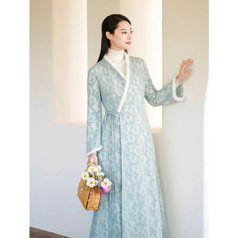 Autumn Winter Women Long Sleeve Qipao Chinese Dress Hanfu Traditional Cheongsam Female Vestido Chino Zen Thicken Coat  Elegant