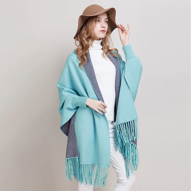 Women\'s Double Sided Color Tassel Knitted Shawl Wrap Plus Size Cardigan Poncho Cape Open Front Long Winter Sweater Coat Mujer