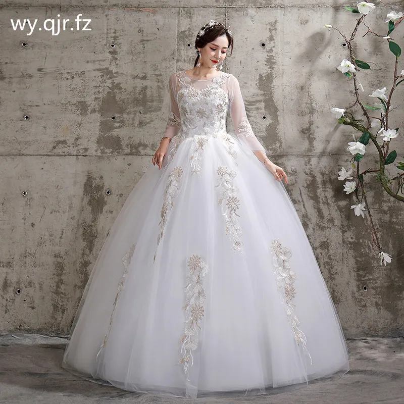 Robe de mariée en dentelle à manches longues, robe de bal brodée en dentelle sur filet, col rond, bon marché, vente en gros, chine, # XXN-115