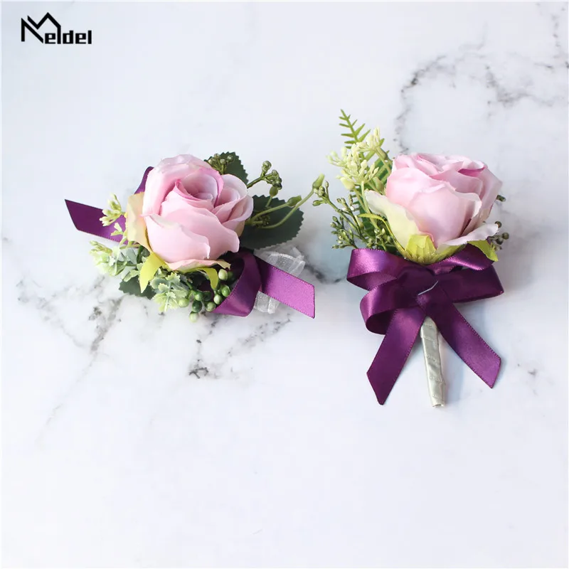 Meldel Faux Rose Bruidegom Boutonniere Bloemen Bruiloft Pols Corsage Armband Bruidsmeisjes Lint Bruiloft Corsage Bloemen Accessoires