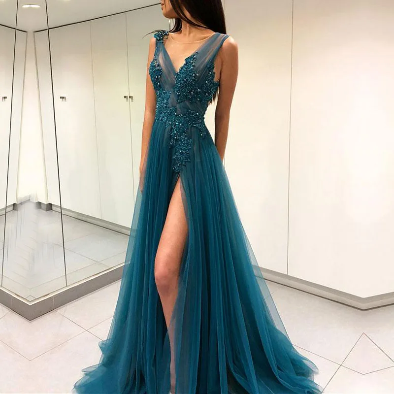 Robe De Soiree Sexy Slit Inkt Blauw Een Lijn V-hals Avondjurken Lange Applique Backless Avondjurk Formele Partij gown