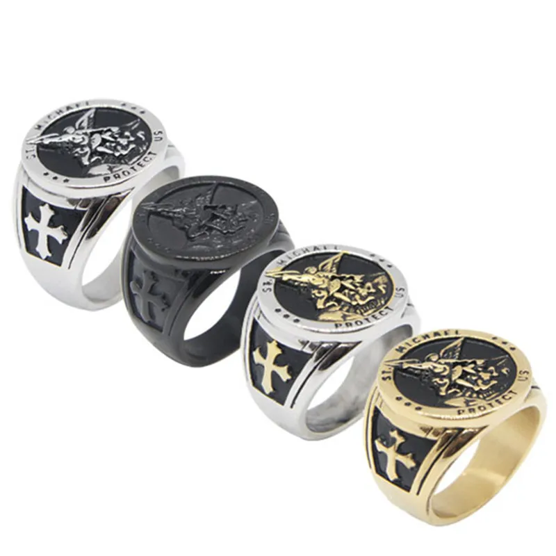 Size 7-14 Cross SAINT MICHAEL PROTECT US Ring 316L Stainless Steel Boys Mens New Cross Ring