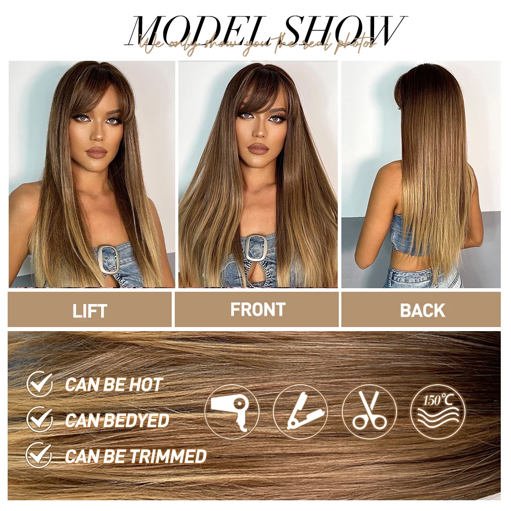 oneNonly Long Straight Synthetic Wigs Brown Wig with Bangs for Women Natural Daily Cosplay Christmas Hair Heat Resista