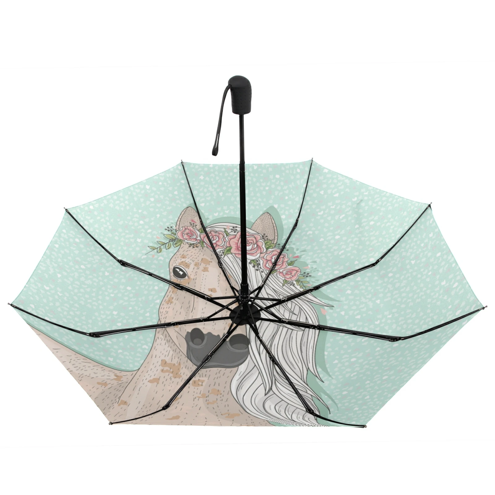 Flower Horse Portable Fully Automatic Umbrella Rain Women Sun Protection Three Folding Umbrella Parasol Parapluie Anti-UV 8 Ribs