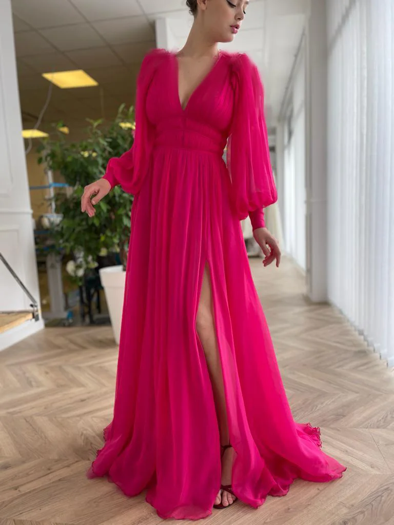 Robe de soirée froncée en mousseline de soie, col en V, fente haute, sur mesure, manches longues bouffantes simples, ligne A plissée, dos nu, robe de bal de Cocktail