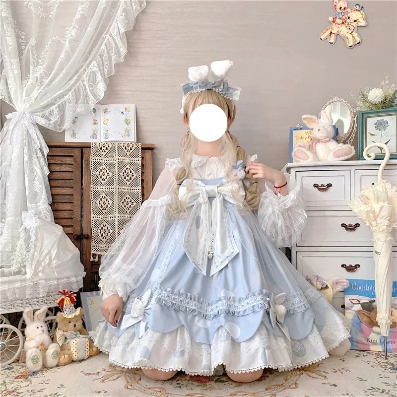 NONSAR Soft Rabbit JSK Lolita Dress Sling Female Big Bow Blue senza maniche Strap Dress Cute Ruffles abiti in pizzo Lolita abbigliamento