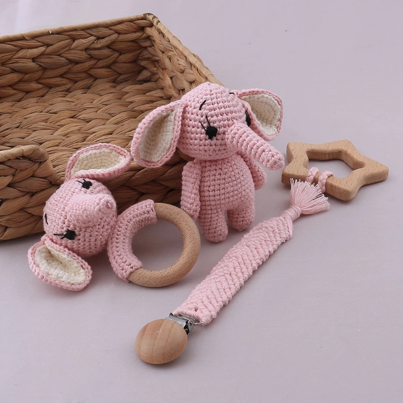 1 Set DIY Crochet Rabbit Baby Teether Newborn Bunny Rattle Toy Wooden Molar Teething Ring Pacifier Clips Chain Set Baby Stuff