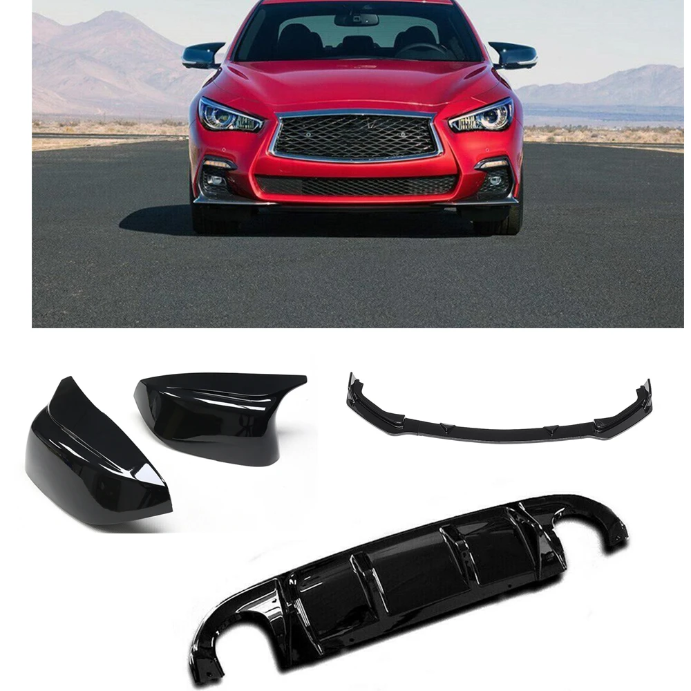 

For Infiniti Q50 Sport Model 2014-2017 Glossy Black Rear View Mirror Cover+Rear Diffuser Lip+Front Bumper Spoiler Splitter Blade