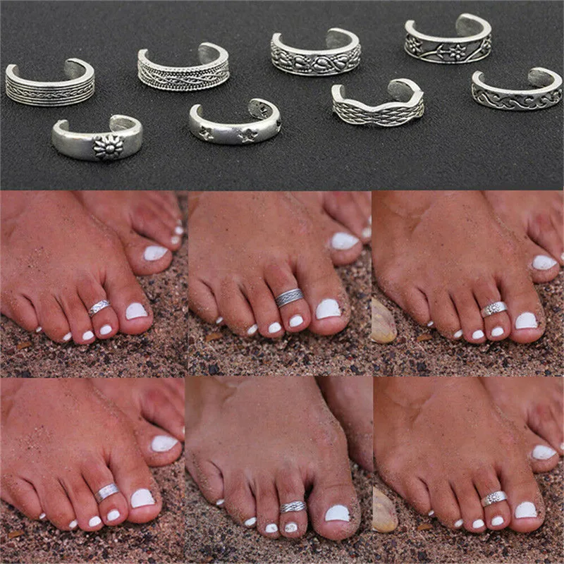 8pcs/Set Toe Joint Retro Ring Totem Pattern Love Flower Sun Summer Beach Adjustable Open Foot Jewelry For Women Girls Gift