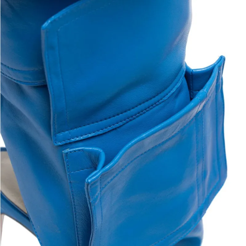 Dark Blue Leather Packet Designer Women Over Knee Boots New Pointed Toe Slingback Shoes Fashion Stiletto High Heels Knight Boots