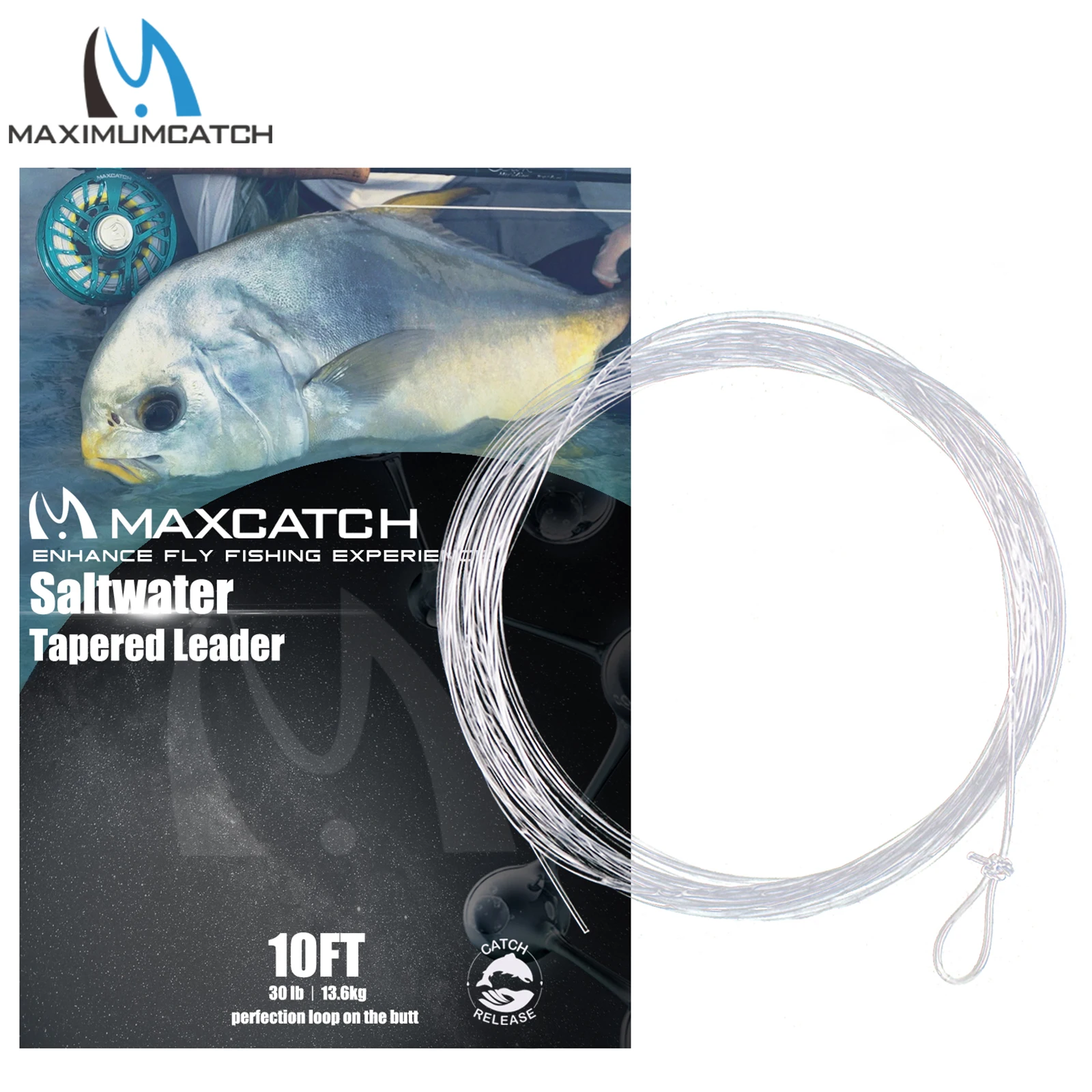 Maximumcatch 6pc Saltwater Tapered Leader Fly Fishing Line 10FT 10-30LB Leader Line with Loops Clear Color Fishing Cord