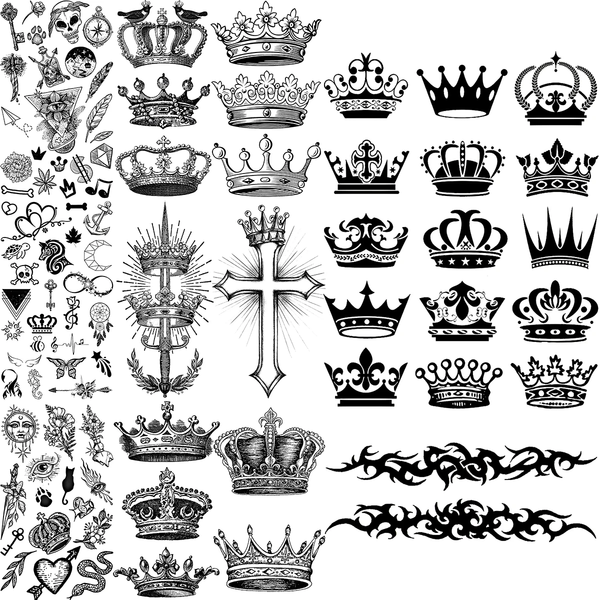 Black Crown Temporary Tattoos For Women Adults Realistic Bird Cross Sword Heart Fake Diamond Tattoo Sticker Body Hand Tatoos 3D