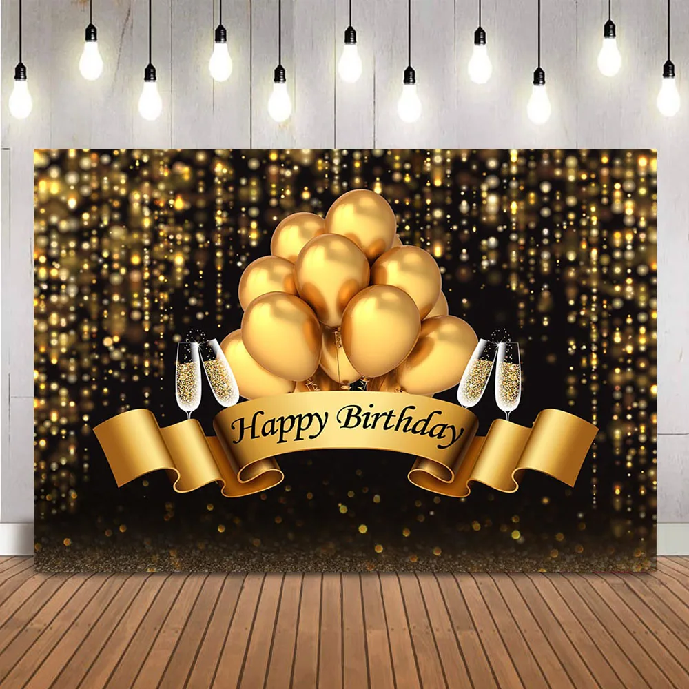 

Gold Glitter Shining Dots Birthday Backdrop for Photography Studio Golden Balloons Champagne Banner Adult Birthday Decorations