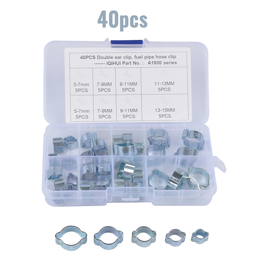 

40PCS 5-15MM size Double Ear Hose Clips Water Fuel Air Clamps Zinc Plated Assortment Box