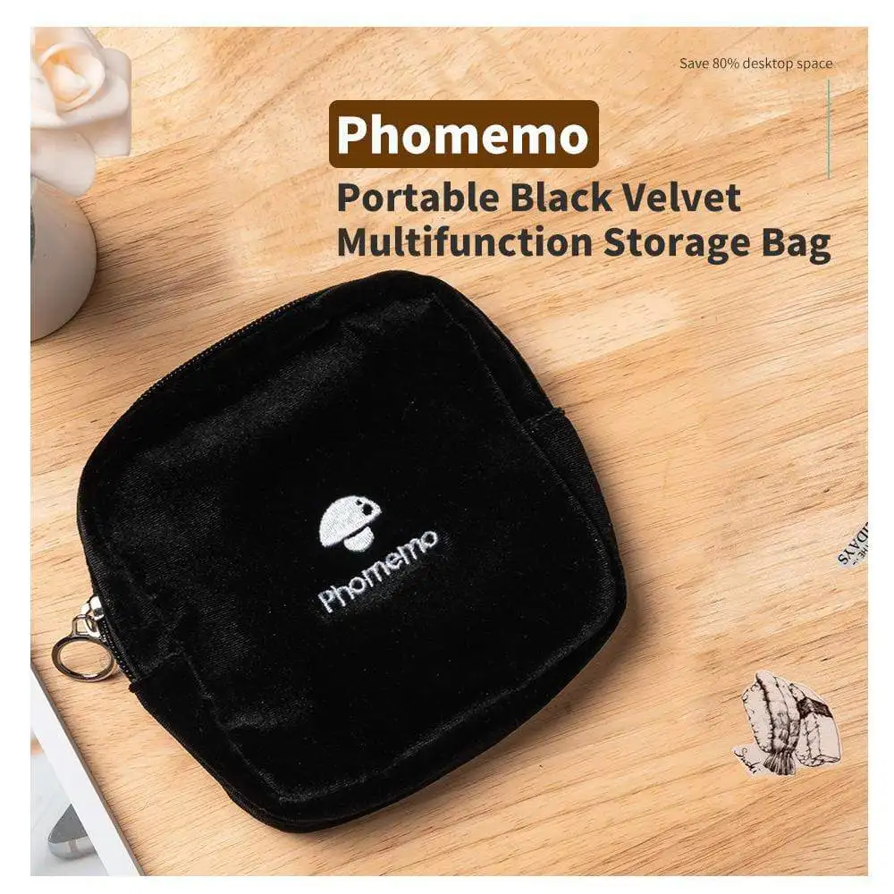 Phomemo Portable Black Velvet Stationery Cosmetic Multifunction Storage Bag Suit for M02/M02S/M110/M02Pro/T02/D30 Paper Roll