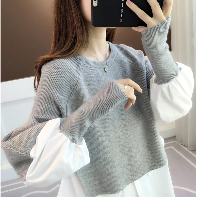 Korean Chic Patchwork Sweater Women Autumn Winter Fake Two Piece Pullover Knitted Sweaters Female Jumper Pull Femme