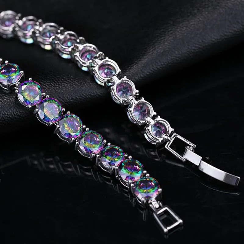 Pera Trendy Women Party Jewelry Multi Color Big Round Natural Crystal Stone Silver Plated Chain Link Bracelets for Ladies B040