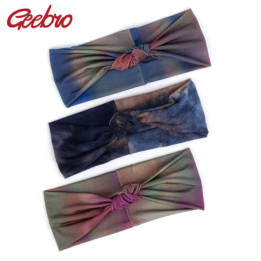 Geebro Women Bow Knotted Wide Headband Fashion Tie Dye Cross Knotted Elastic Hairband Female Headwear Turban Hair Accessories