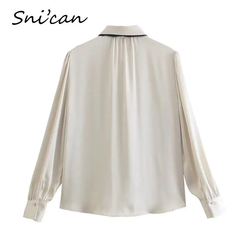 Solid Ruffle Blouse With Black Bow Fashion Office Ladies Satin Shirts Female Femme Chandails Women Fashion Chic Tops Snican