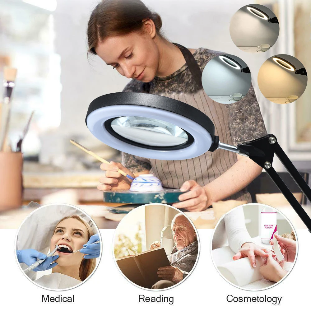 155MM Large Metal Table Magnifier with Light and eyebrow tattoo, Multi function Magnifying Glass of Cantilever Lamp For Reading