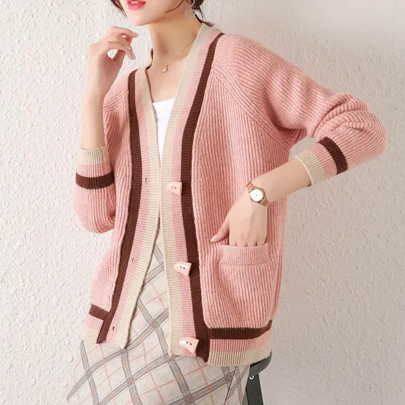 Ladies sweater 2023 fashion new loose western style long-sleeved v-neck color matching knitted single-breasted cardigan women