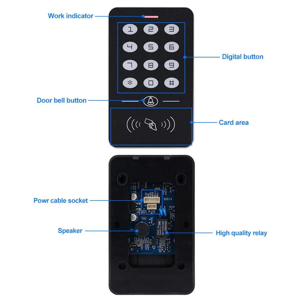 Standalone RFID Access Control Keypad Door Opener Programmer 1000 User Capacity with Waterproof Cover 125KHz Keyfobs for entry