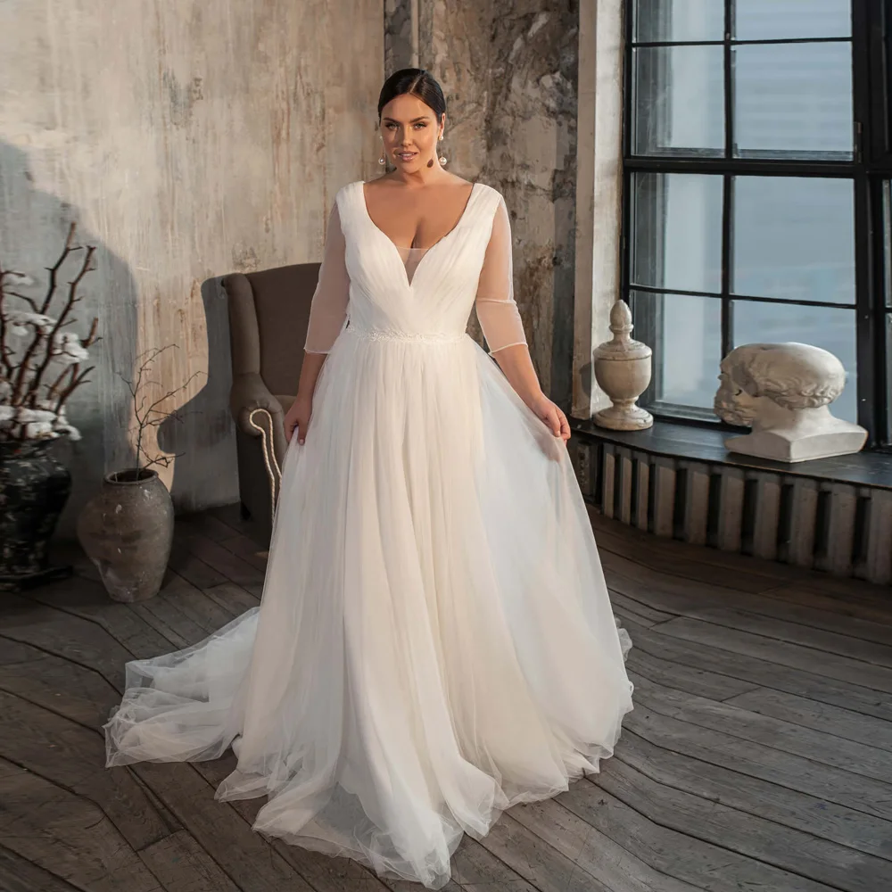 Elegant Wedding Dresses Plus Size Women Customized V Neck Long Sleeves Pleats Bridal Gown with Appliqued Sashes Wedding Dress