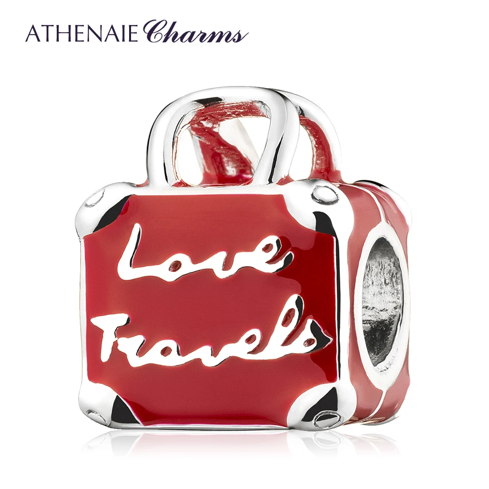 ATHENAIE 925 Sterling Silver Red Enamel Love Travel Bag Charms Beads for Women Bracelet Bangle DIY Jewerly