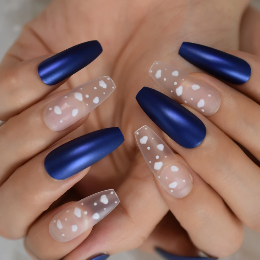 White Sky Cloud Dark Royal Blue Coffin Nails Extra Long Matte Press on Ballerina Frosted False Fake Finger Party nails 24pcs/set